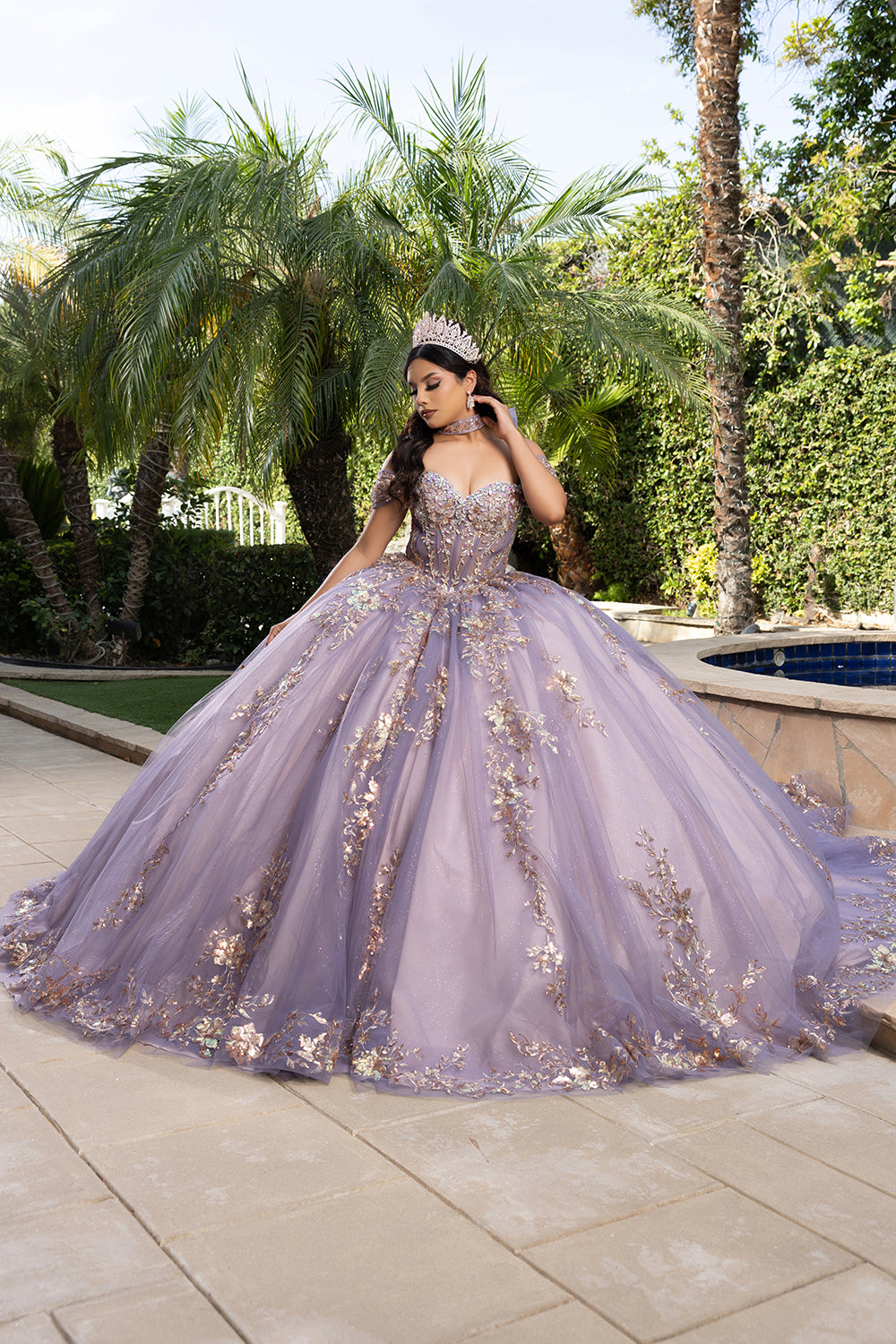 Quinceañera Ball Gown Off Shoulder Glitter Tulle Dress with 3D Floral Appliqués Long Train by Layla K LK292