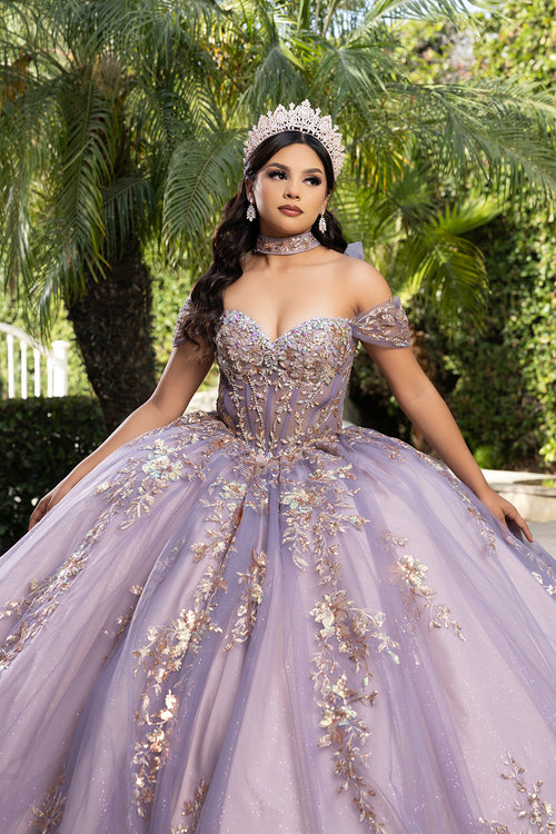 Quinceañera Ball Gown Off Shoulder Glitter Tulle Dress with 3D Floral Appliqués Long Train by Layla K LK292