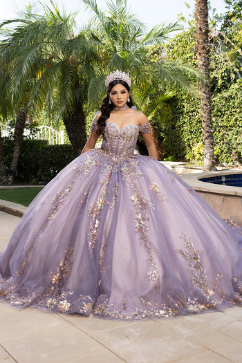 Quinceañera Ball Gown Off Shoulder Glitter Tulle Dress with 3D Floral Appliqués Long Train by Layla K LK292