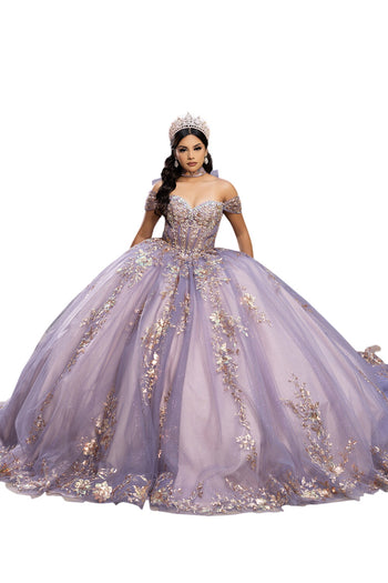 Quinceañera Ball Gown Off Shoulder Glitter Tulle Dress with 3D Floral Appliqués Long Train by Layla K LK292