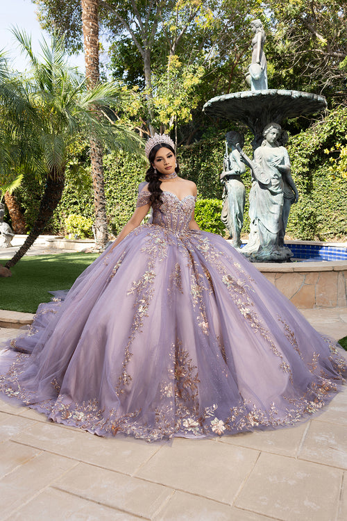 Quinceañera Ball Gown Off Shoulder Glitter Tulle Dress with 3D Floral Appliqués Long Train by Layla K LK292