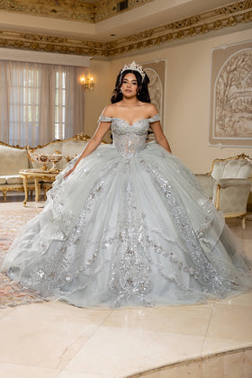 Off-Shoulder Quinceañera Ball Gown with Beaded Corset Long Train & Back Bow By Layla K LK293