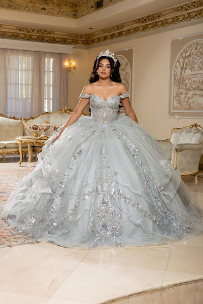 Off-Shoulder Quinceañera Ball Gown with Beaded Corset Long Train & Back Bow By Layla K LK293