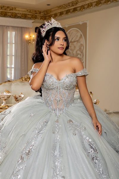 white off the shoulder quinceanera dresses Glitter Off Shoulder Quinceanera Dress by House of Wu 26957 0 / Ivory/Champagne