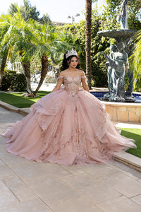 Off-Shoulder Quinceañera Ball Gown with Beaded Corset Long Train & Back Bow By Layla K LK293