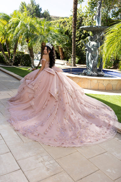Off-Shoulder Quinceañera Ball Gown with Beaded Corset Long Train & Back Bow By Layla K LK293
