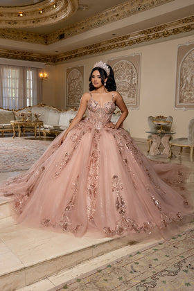 Quinceañera Ball Gown with Beaded Corset Bodice Glitter Tulle Skirt & Crystal Tiara By Layla K LK294