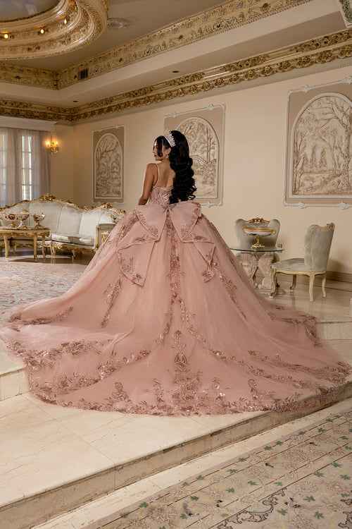Quinceañera Ball Gown with Beaded Corset Bodice Glitter Tulle Skirt & Crystal Tiara By Layla K LK294