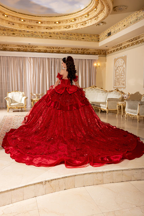 Off-Shoulder Ball Gown Sweetheart Corset Quinceañera Dress with Layered Ruffles by Layla K LK295