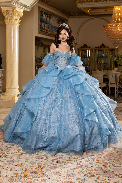 Off-Shoulder Quinceanera Ball Gown Glitter Tulle Corset Dress with Ruffled Skirt by Layla K LK296