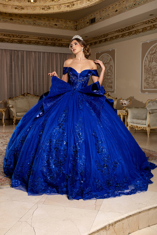 Off-Shouler Sweetheart Corset Beaded Ballgown with Detachable Bow & Train by Layla K LK297