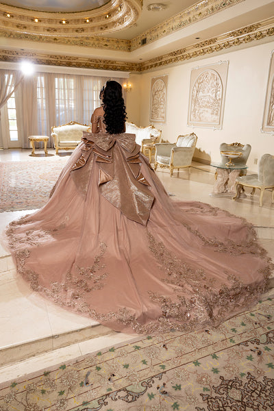 Off-Shouler Sweetheart Corset Beaded Ballgown with Detachable Bow & Train by Layla K LK297