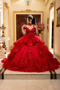 Off-Shoulder Sequin Corset Tiered Ruffle Ball Gown with Detachable Choker by Layla K LK298