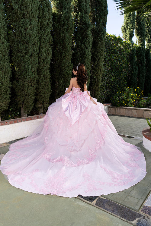 Sweetheart Long Sheer Puff Sleeve Beaded Corset Tiered Ruffle Ball Gown by Layla K LK299