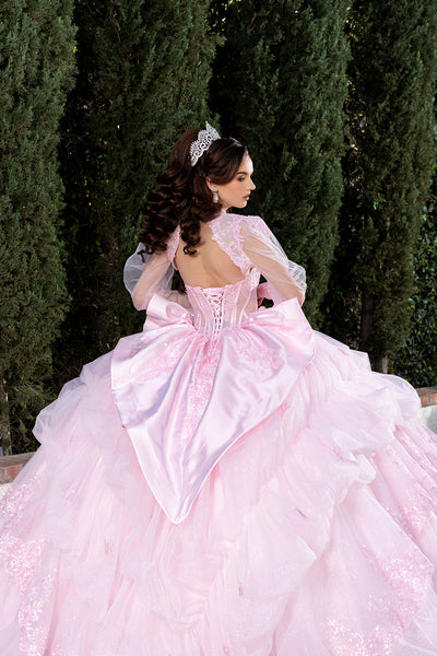 Sweetheart Long Sheer Puff Sleeve Beaded Corset Tiered Ruffle Ball Gown by Layla K LK299