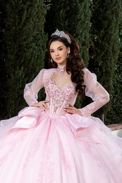 Sweetheart Long Sheer Puff Sleeve Beaded Corset Tiered Ruffle Ball Gown by Layla K LK299