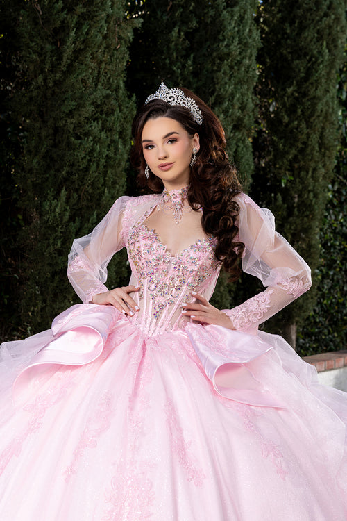 Sweetheart Long Sheer Puff Sleeve Beaded Corset Tiered Ruffle Ball Gown by Layla K LK299