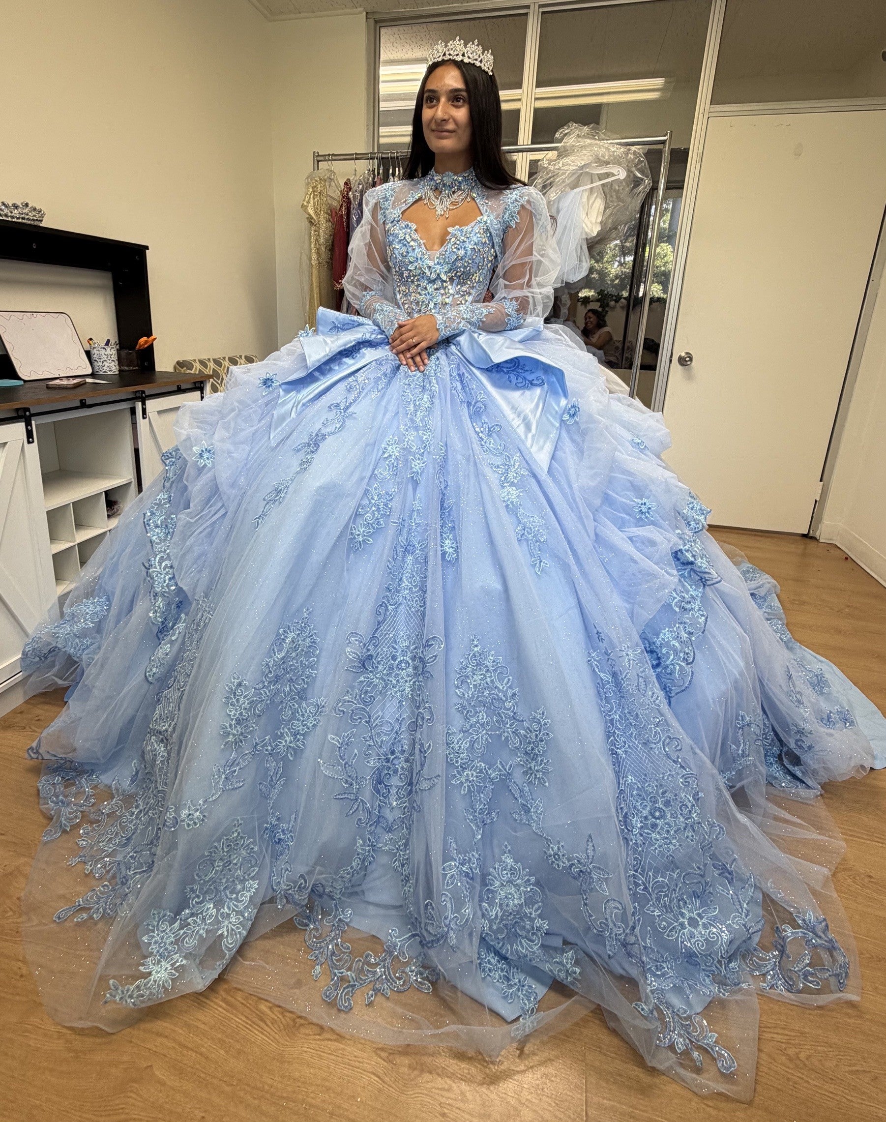 Sweetheart Long Sheer Puff Sleeve Beaded Corset Tiered Ruffle Ball Gown by Layla K LK299