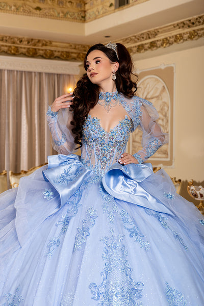 Sweetheart Long Sheer Puff Sleeve Beaded Corset Tiered Ruffle Ball Gown by Layla K LK299