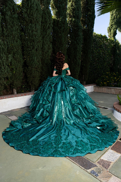 Off-Shoulder Beaded Corset Tiered Ruffle Ball Gown with Detachable Collar by Layla K LK300