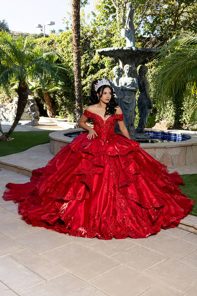 Off-Shoulder Beaded Corset Tiered Ruffle Ball Gown with Detachable Collar by Layla K LK300