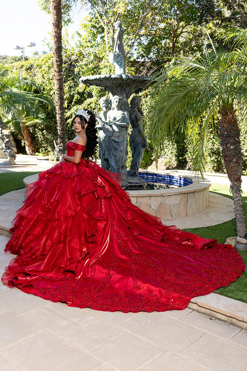 Off-Shoulder Beaded Corset Tiered Ruffle Ball Gown with Detachable Collar by Layla K LK300