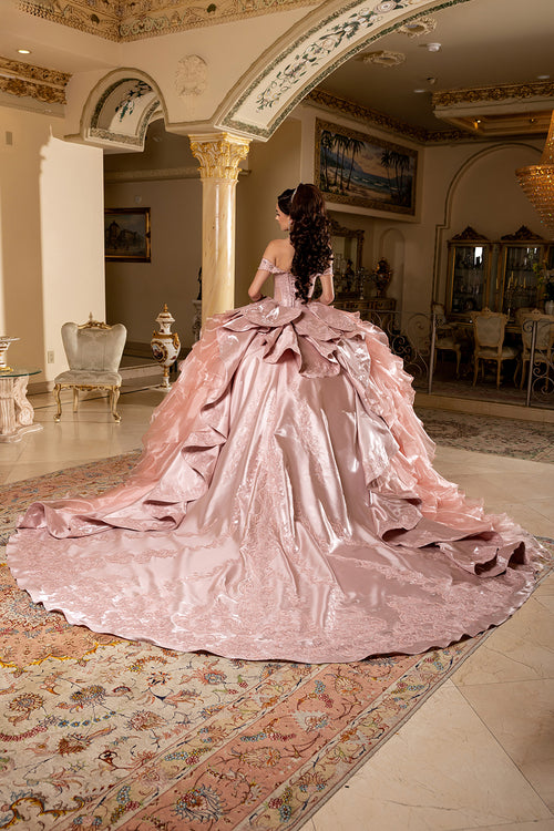 Off-Shoulder Beaded Corset Tiered Ruffle Ball Gown with Detachable Collar by Layla K LK300