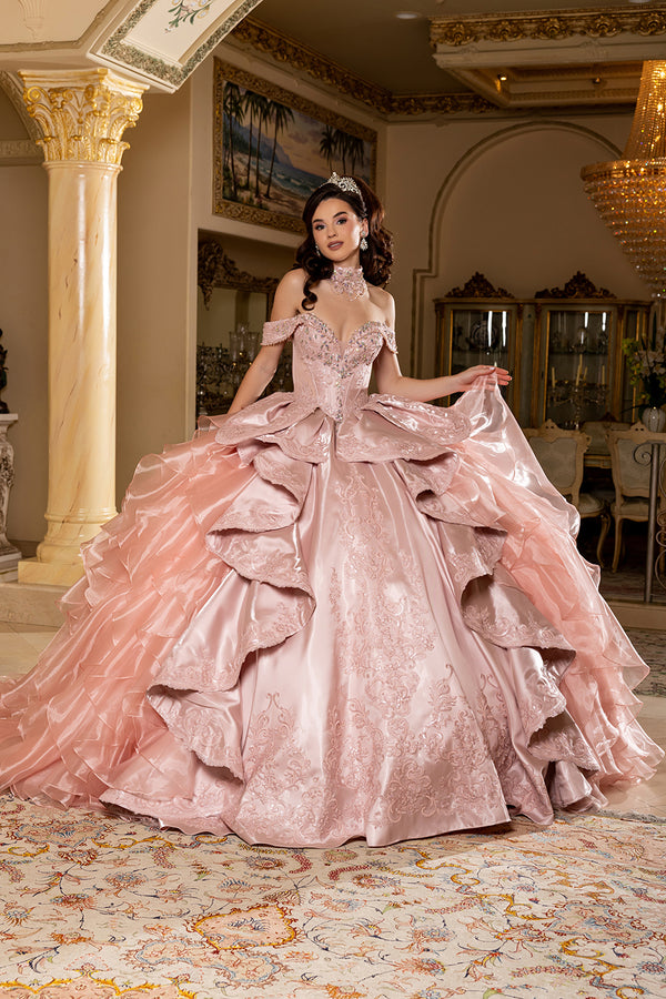 Layla K RED Satin and Organza with Beaded Illusion Corset Bodice Ball Gown Quinceanera Dresses