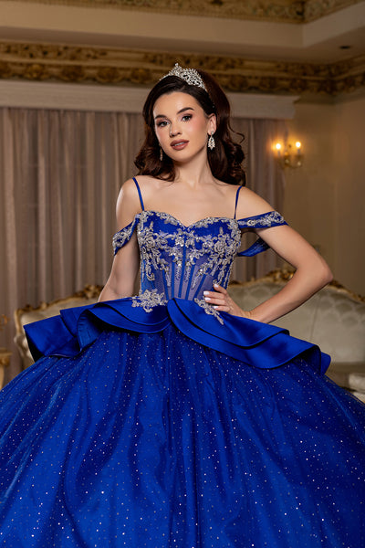 Off-Shoulder Beaded Illusion Corset Glitter Tulle Ball Gown with Bow Back Dress by Layla K LK301