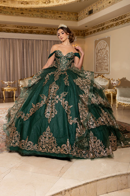 Off-Shoulder Sweetheart Corset Embroidered Tiered Ruffle Ballgown with Back Bow by Layla K LK302