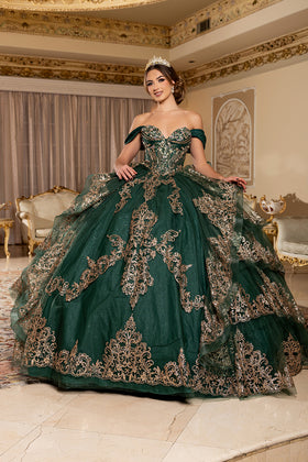 Off-Shoulder Sweetheart Corset Embroidered Tiered Ruffle Ballgown with Back Bow by Layla K LK302