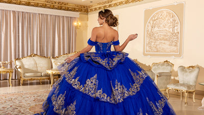 Off-Shoulder Sweetheart Corset Embroidered Tiered Ruffle Ballgown with Back Bow by Layla K LK302