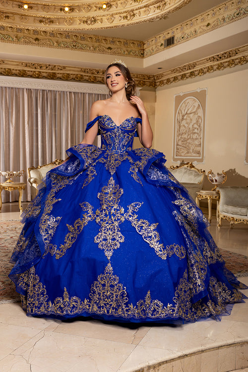 Off-Shoulder Sweetheart Corset Embroidered Tiered Ruffle Ballgown with Back Bow by Layla K LK302