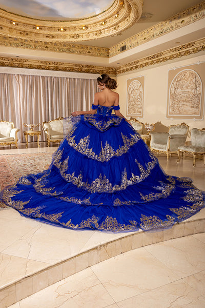 Off-Shoulder Sweetheart Corset Embroidered Tiered Ruffle Ballgown with Back Bow by Layla K LK302