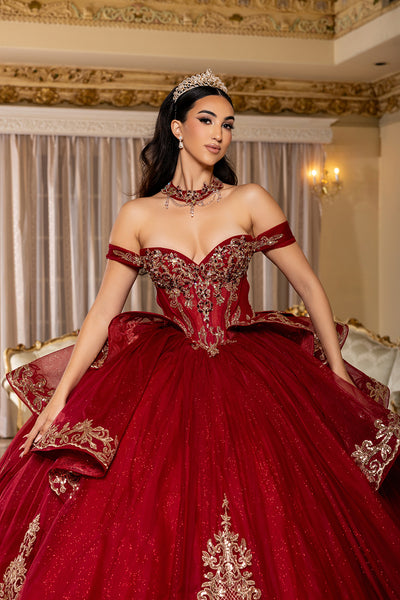Off-Shoulder Embroidered Illusion Corset Glitter Tulle Quinceañera Gown by Layla K LK303