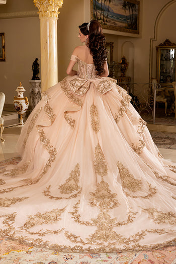 Layla K BURG/GOLD Glitter Tulle with Beaded Illusion Corset Bodice Quinceanera Dresses