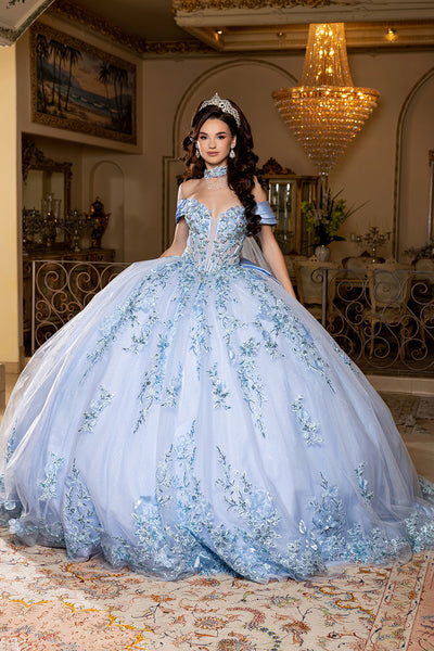 Off-Shoulder Plunging Sweetheart 3D Floral Illusion Corset Quinceañera Dress by Layla K LK305