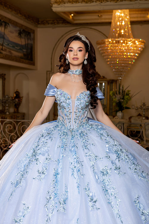 Off-Shoulder Plunging Sweetheart 3D Floral Illusion Corset Quinceañera Dress by Layla K LK305