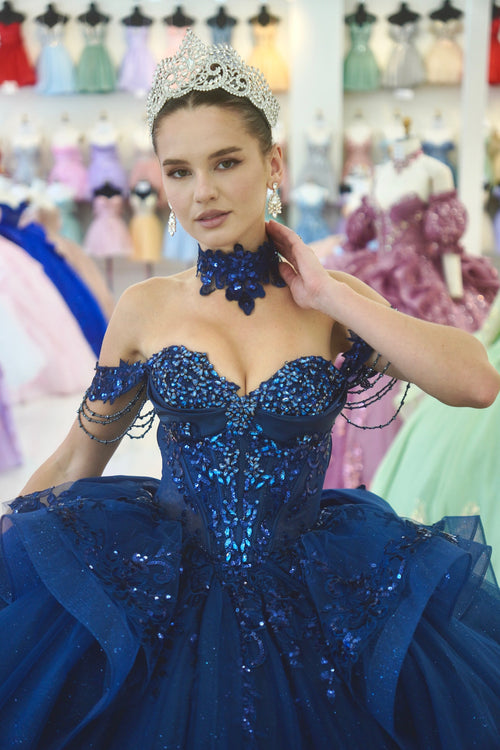 Layla K NAVY Glitter Tulle, Lace, Sequin Embroidery Ball Gown Quinceanera Dresses