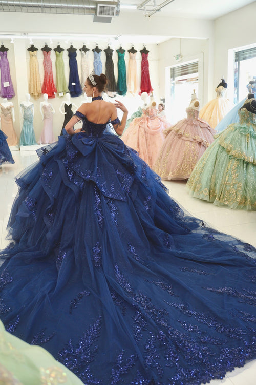 Layla K NAVY Glitter Tulle, Lace, Sequin Embroidery Ball Gown Quinceanera Dresses