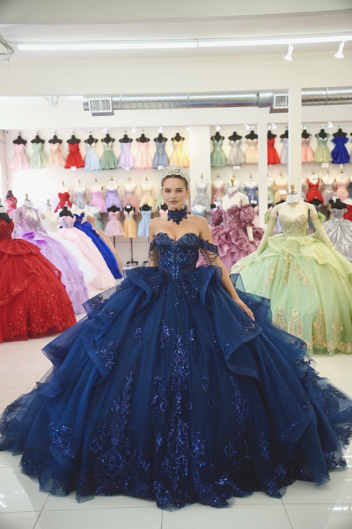 Layla K NAVY Glitter Tulle, Lace, Sequin Embroidery Ball Gown Quinceanera Dresses