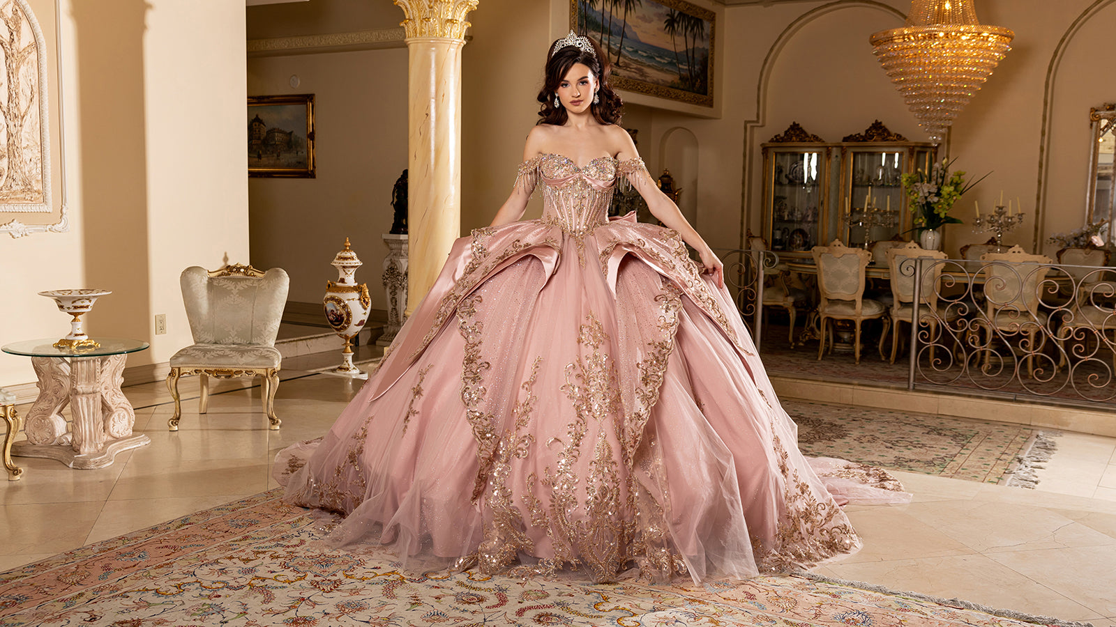 Off-Shoulder Crystal Fringe Corset Ball Gown Quinceañera Dress by Layla K LK309