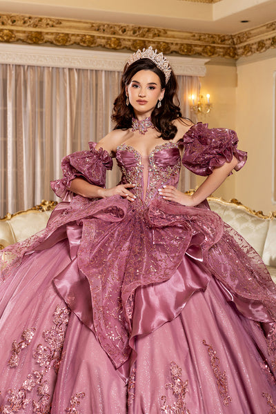 Off-Shoulder Ruffle Puff Sleeve Illusion Corset Ball Gown Quinceañera Dress by Layla K LK310