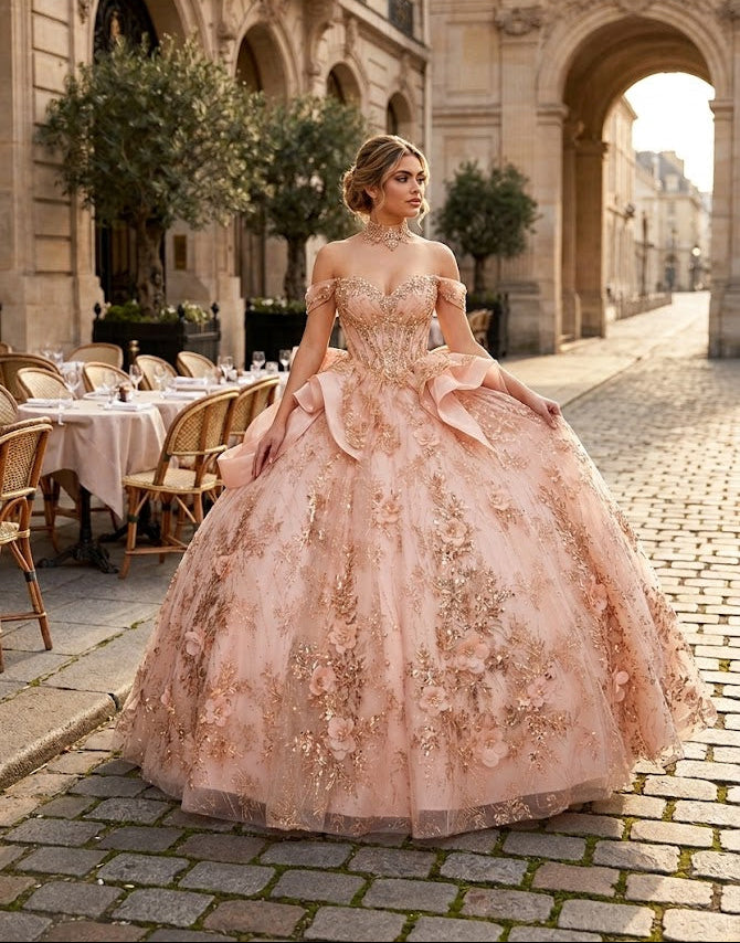 Off-Shoulder Glitter Ball Gown by Layla K LK313