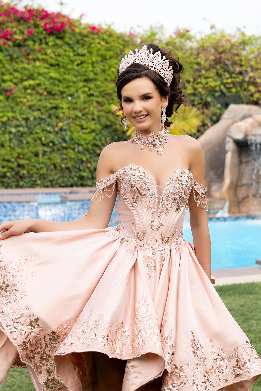 Off-Shoulder Sweetheart Quinceañera Ball Gown with Lace Appliqués & Back Bow by Layla K LK314