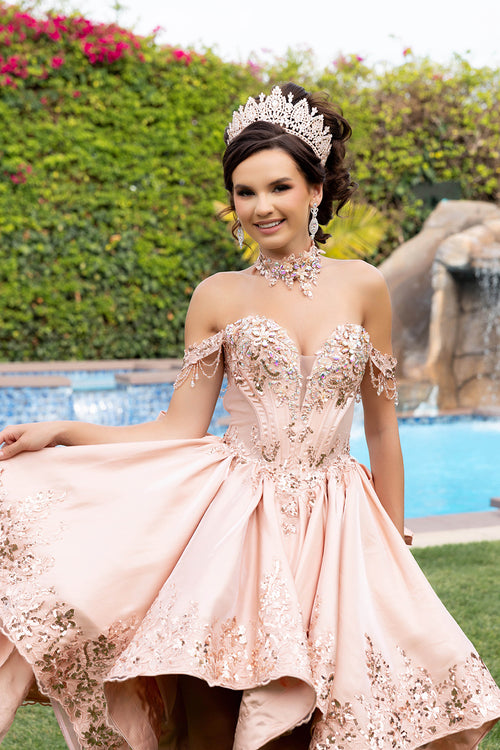 Off-Shoulder Sweetheart Quinceañera Ball Gown with Lace Appliqués & Back Bow by Layla K LK314