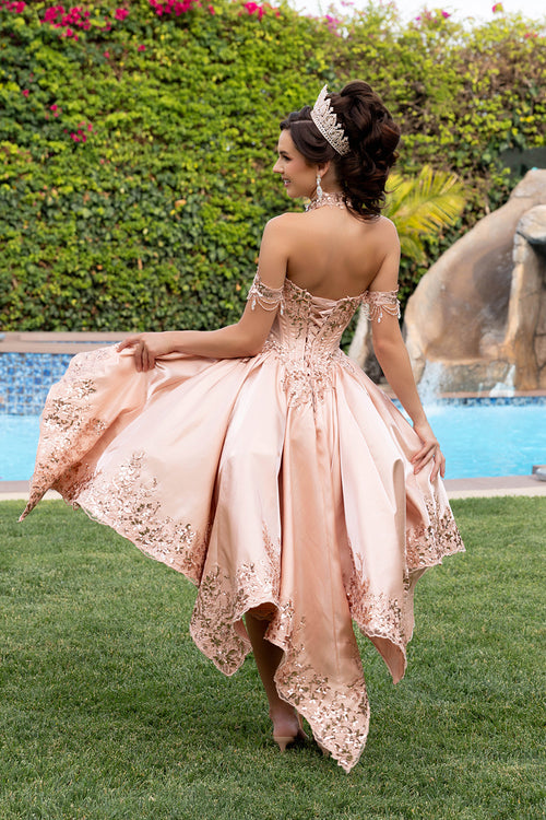 Off-Shoulder Sweetheart Quinceañera Ball Gown with Lace Appliqués & Back Bow by Layla K LK314