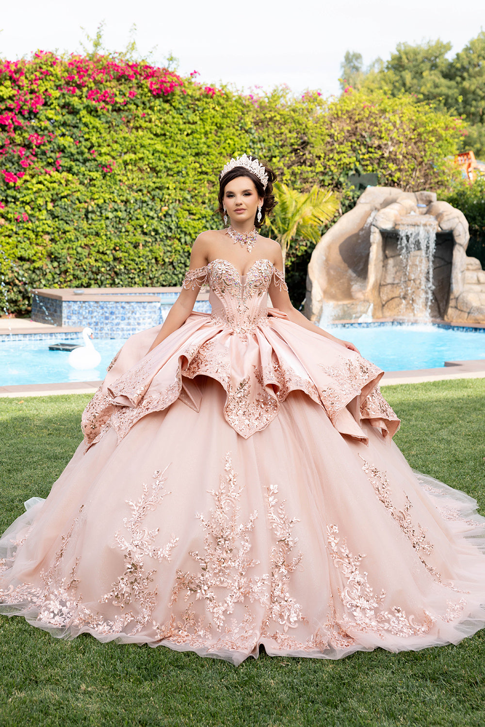 Off-Shoulder Sweetheart Quinceañera Ball Gown with Lace Appliqués & Back Bow by Layla K LK314