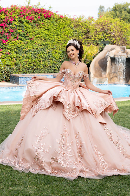 Off-Shoulder Sweetheart Quinceañera Ball Gown with Lace Appliqués & Back Bow by Layla K LK314