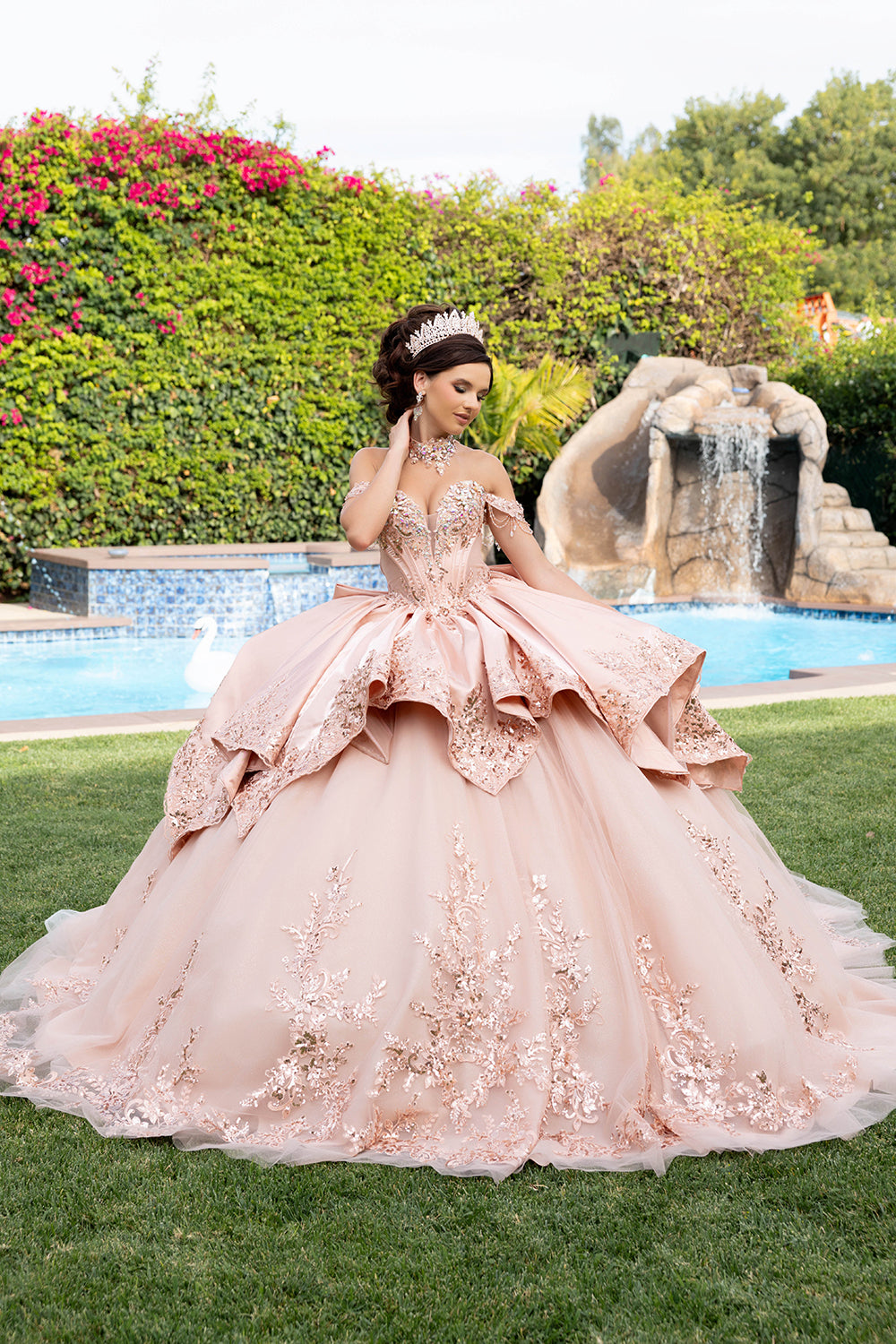 Off-Shoulder Sweetheart Quinceañera Ball Gown with Lace Appliqués & Back Bow by Layla K LK314